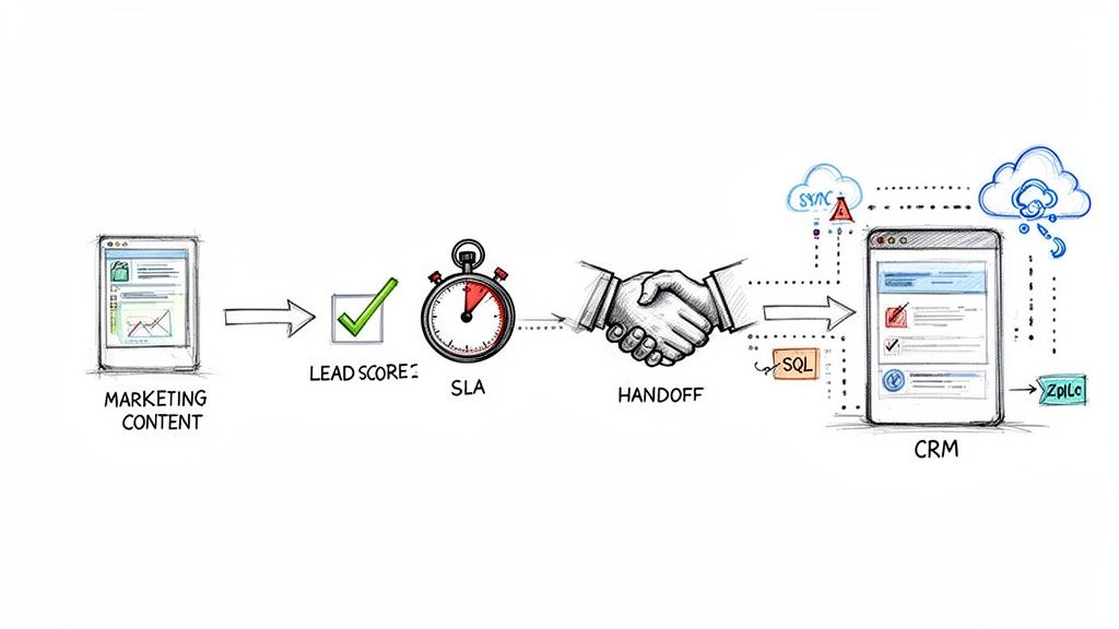 Workflow diagram illustrating lead scoring, SLA, handoff, and CRM integration for sales and marketing.