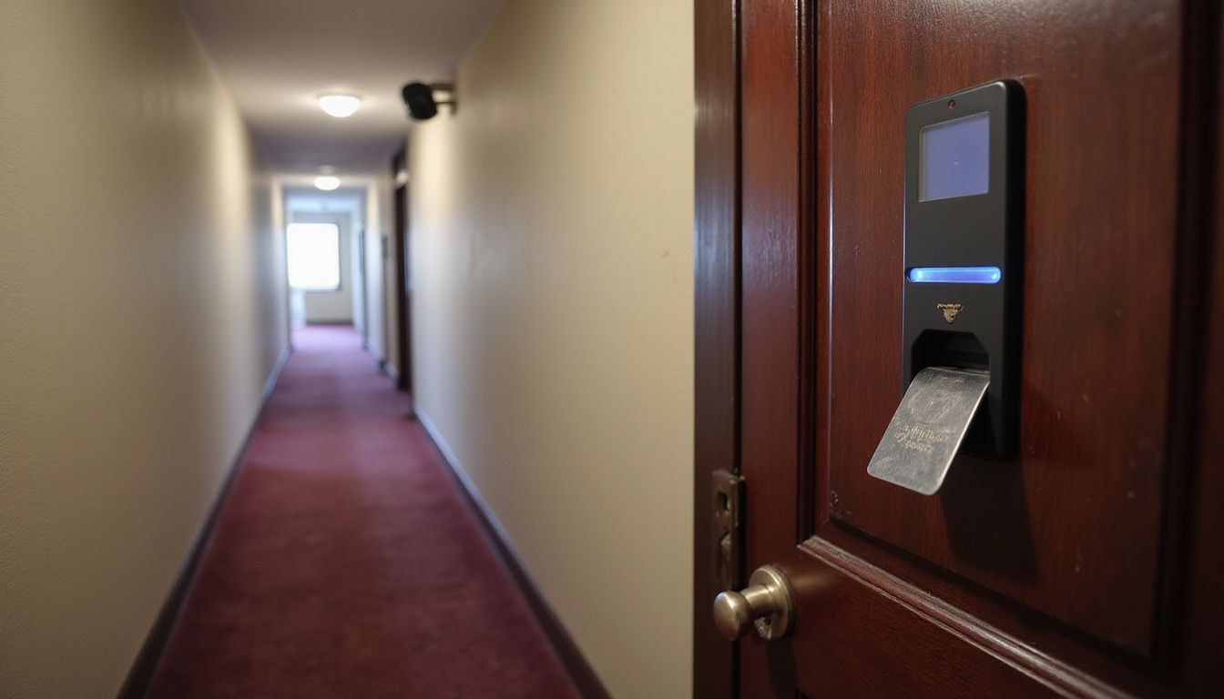A narrow hotel hallway with muted decor and security features.