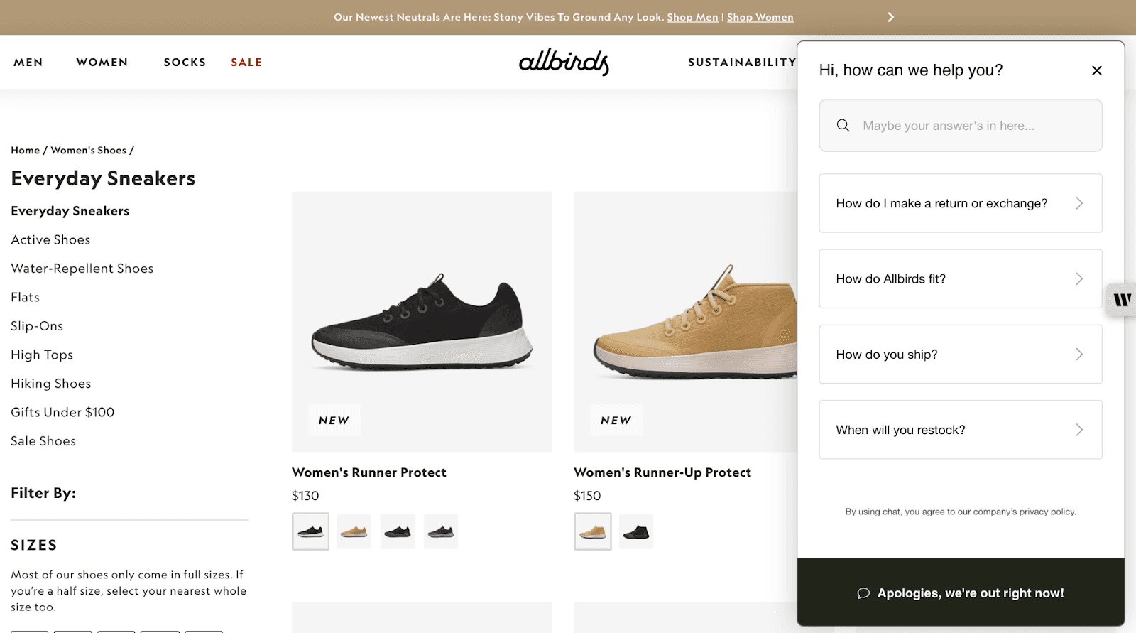 Allbirds website with a chatbot window