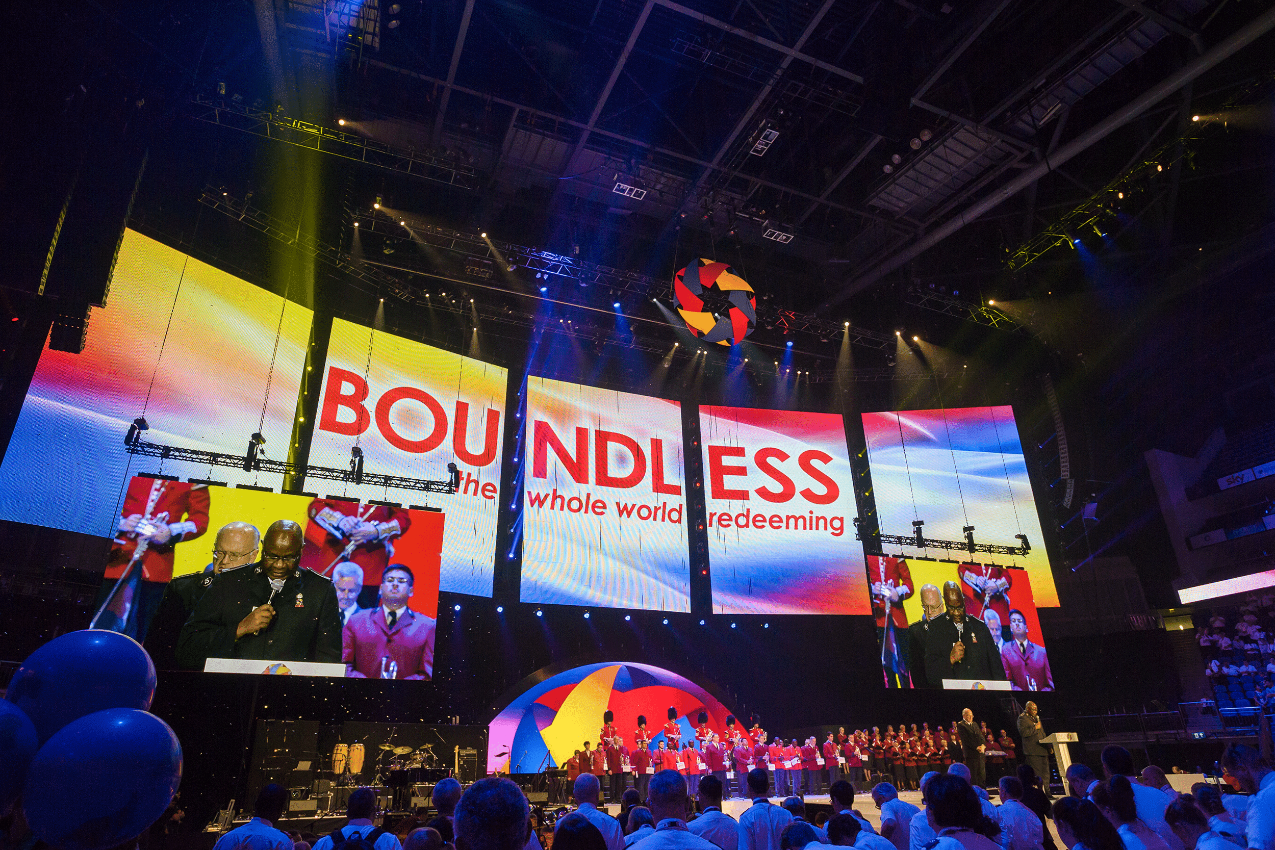 Salvation Army 150th Anniversary staging arena with giant LED wall displaying the Boundless theme logo