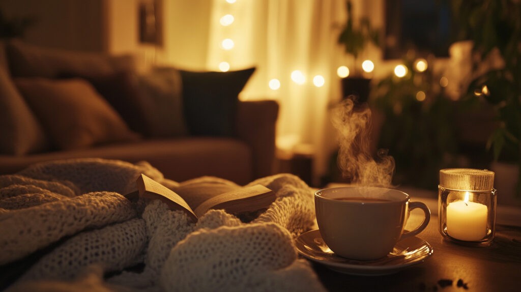 A cozy evening setting featuring a steaming cup of tea or coffee, an open book, and a flickering candle, creating a relaxing atmosphere conducive to winding down and preparing for sleep.