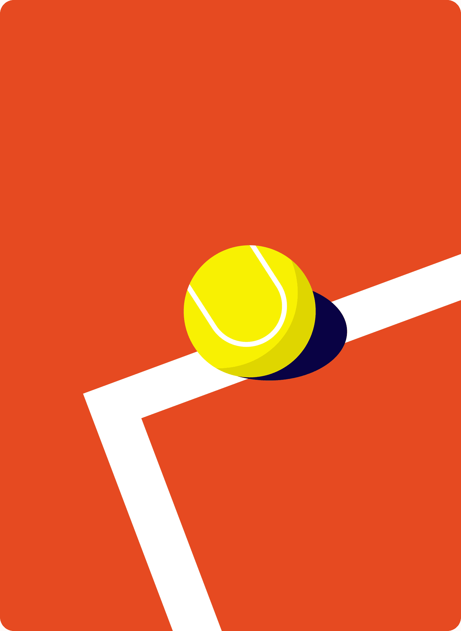 A yellow tennis ball on a red court corner