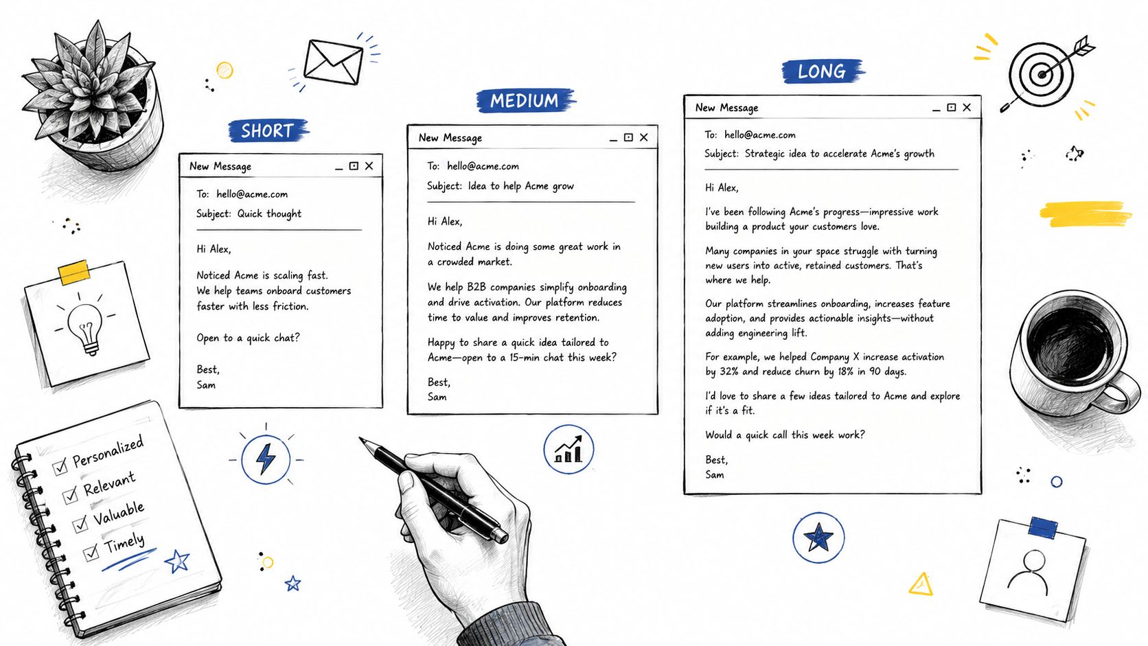 A hand-drawn illustration comparing short, medium, and long cold email templates for professional business outreach strategies.