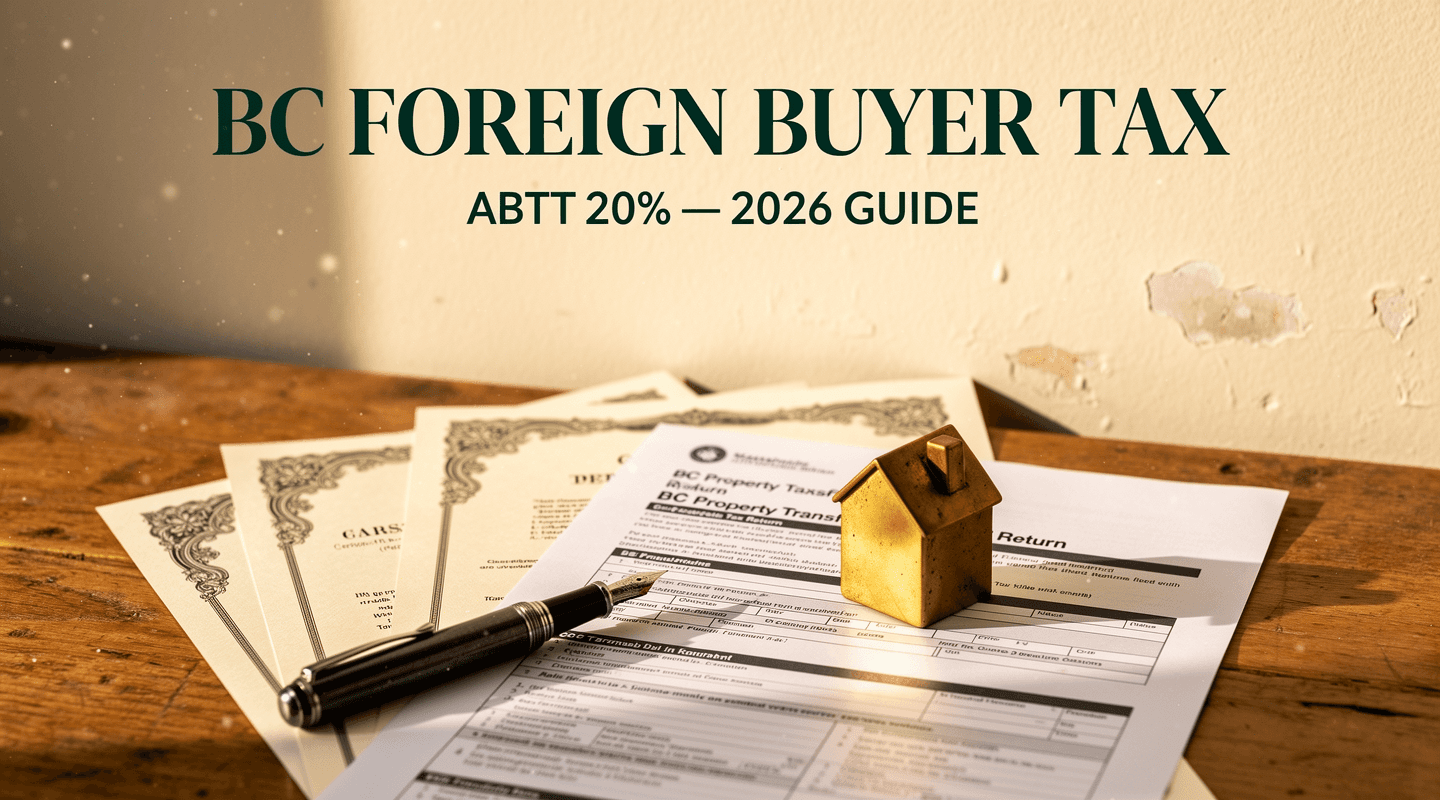 BC Property Transfer Tax Return with brass house paperweight and title overlay.