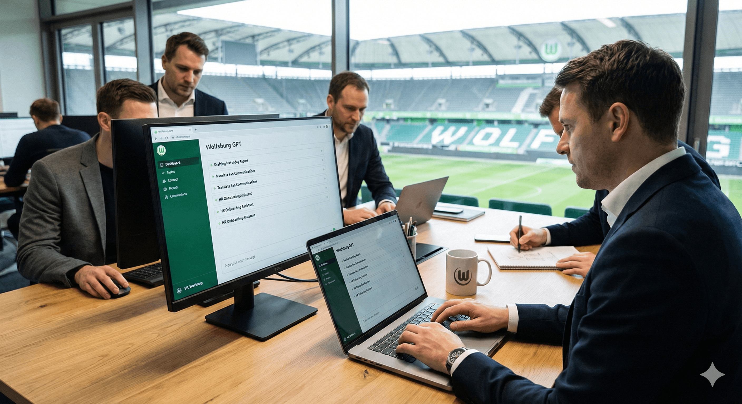 An office environment with professionals working on laptops and discussing, with visible screens displaying AI software "Wolfsburg GPT" in a modern workspace overlooking the VfL Wolfsburg stadium.