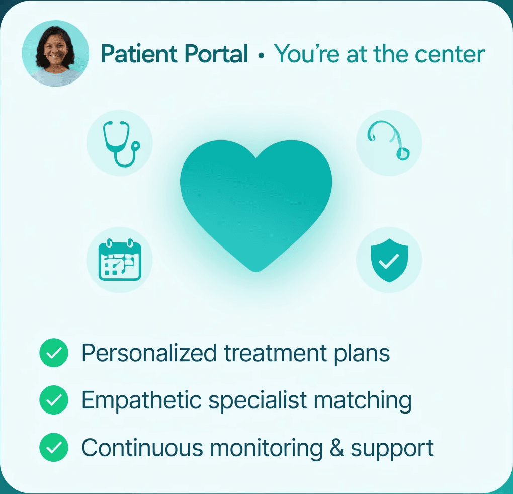 Patient portal graphic featuring a heart icon and healthcare services.