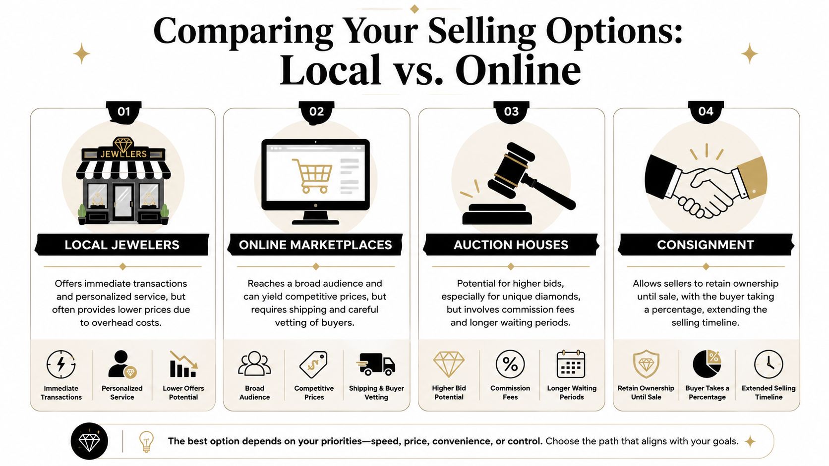 An infographic comparing four methods for selling jewelry: local jewelers, online marketplaces, auction houses, and consignment.