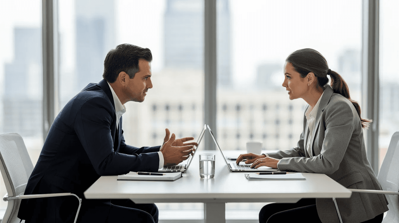 Two business professionals are engaged in a consultation meeting at a table, each using a laptop to discuss strategies related to rental property and its potential tax benefits, such as depreciation deductions and rental income generation. The setting suggests a focus on real estate investment and financial planning.