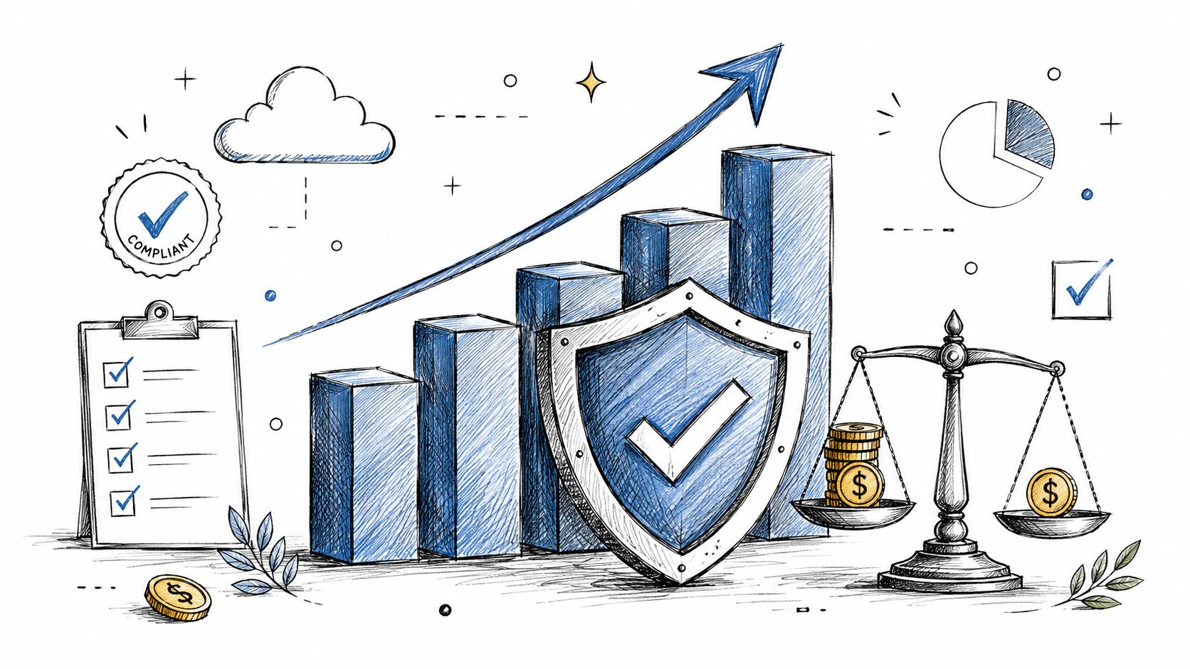 Een conceptuele illustratie over financiële compliance, groei, veiligheid en balans met een schild en weegschaal.