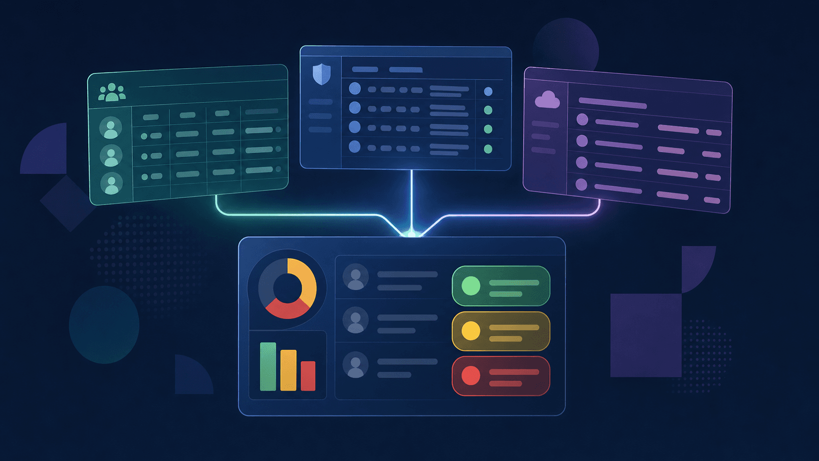 A clean, modern flat-design illustration of a digital audit workflow: three overlapping data panels representing an HRIS employee database, a sales software admin console with login timestamps, and a CRM activity log, connected by glowing lines converging into a central triage dashboard with colored status indicators (green, yellow, red) representing active, review, and reclaim categories. Abstract geometric shapes and soft shadows on a dark navy background, no people, no text, no letters or numbers.