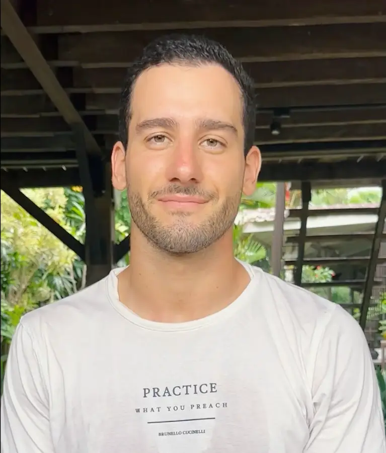 Smiling male yoga students after practice yoga's course.