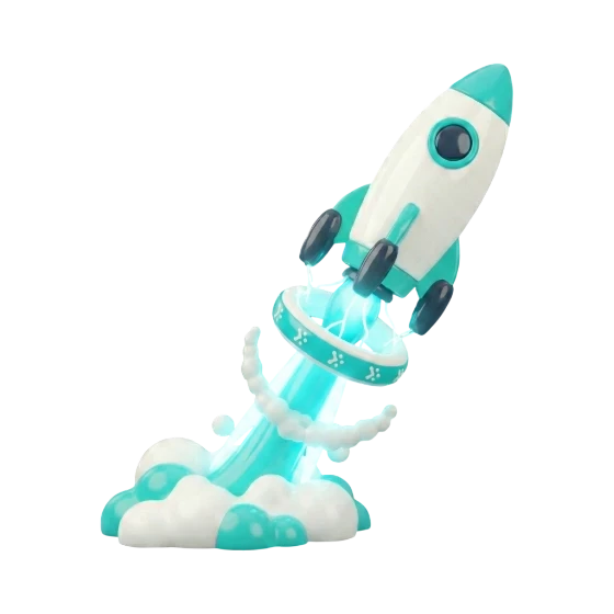 3D-Illustration einer startenden Rakete durch einen entitys Booster-Ring, die symbolisch für einen schnellen und reibungslosen Go-Live-Prozess mit dem Inhouse-Team steht.