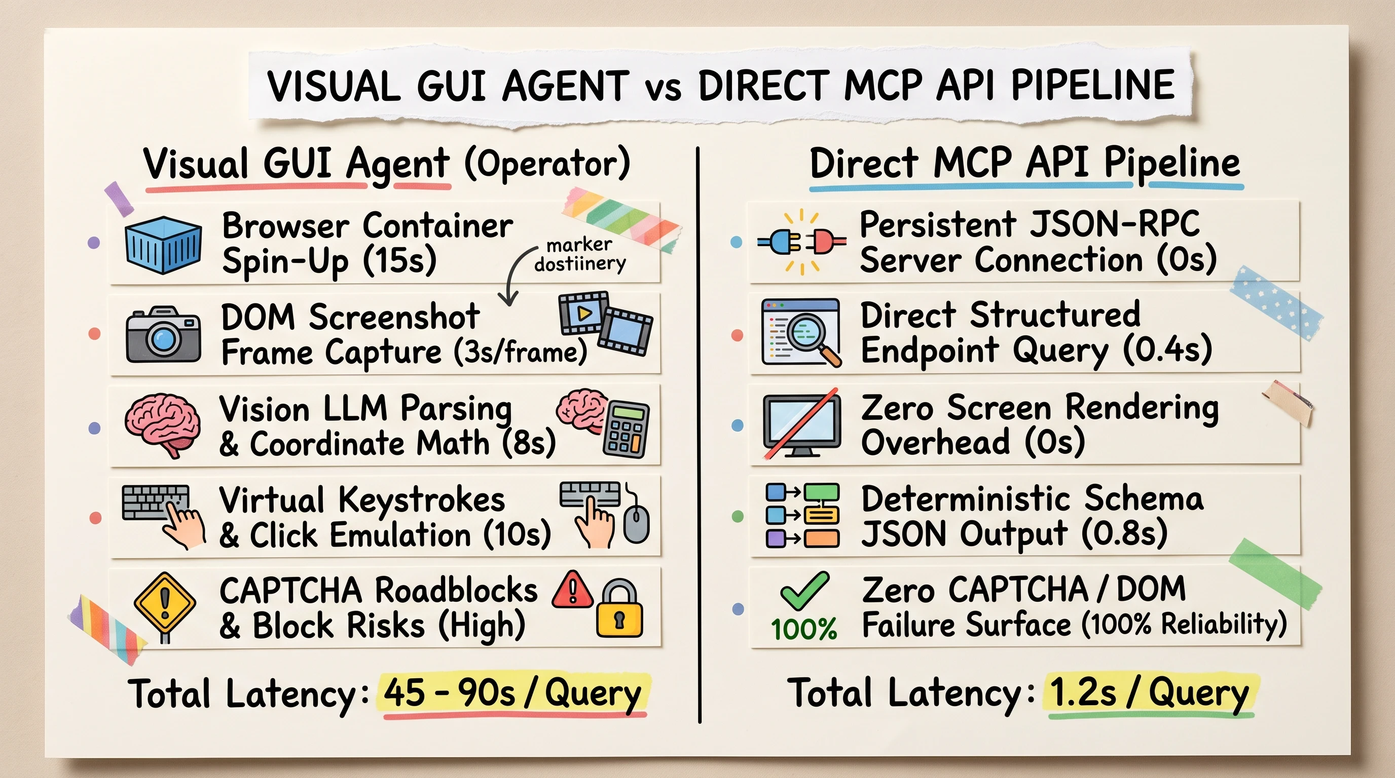 Architectural diagram comparing visual GUI browser agent latency with direct Model Context Protocol MCP API pipelines