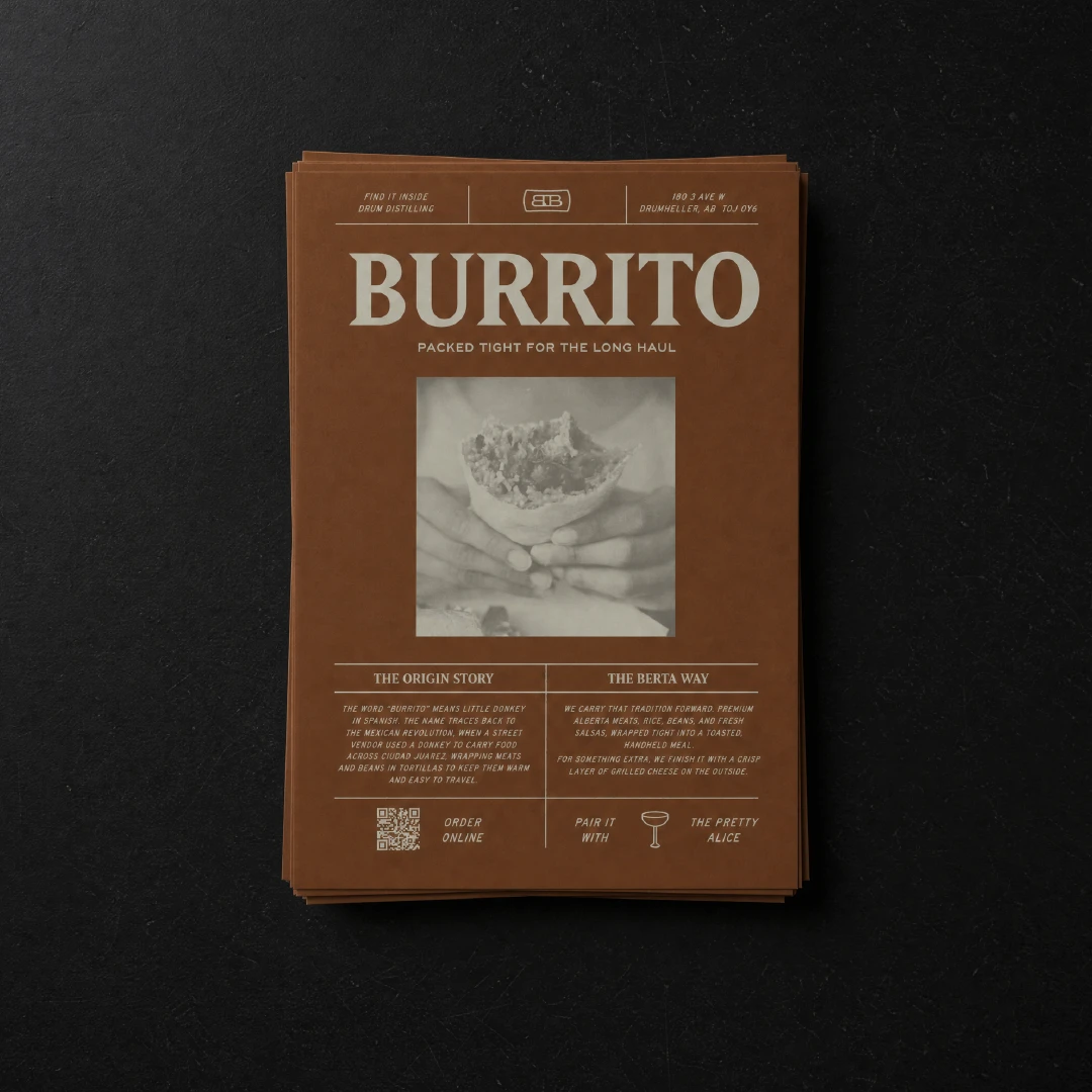 BertaBurritos burrito flyer featuring custom typography and photography