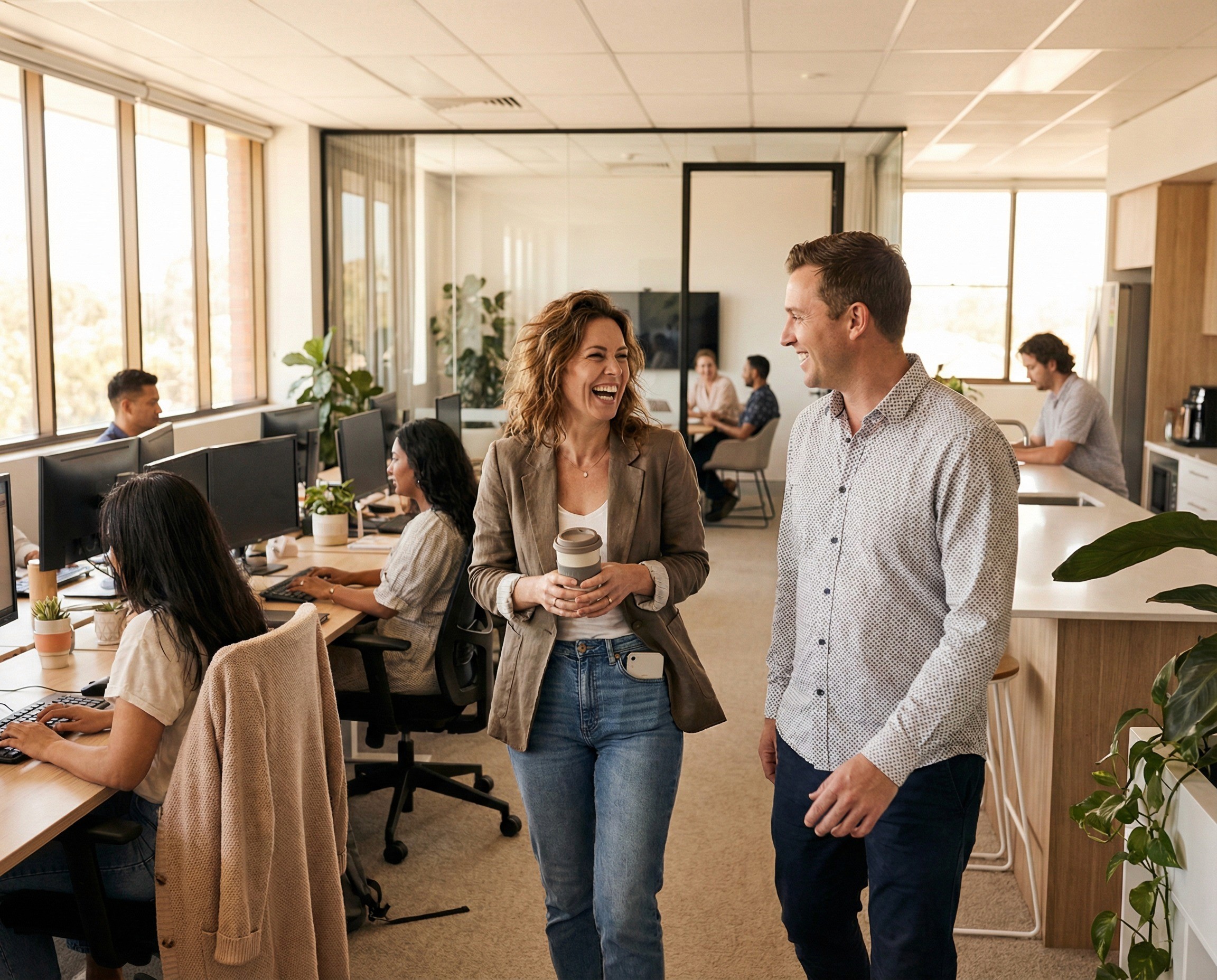 A people-and-culture manager in her mid-30s walking through a bright, open-plan office of a mid-sized company — roughly fifty desks visible — carrying a keep cup, mid-conversation with a colleague who has fallen into step beside her. She is laughing at something he said. Her phone is in her back pocket. She has no laptop, no folder, no compliance document. The office around them is operating normally: people at desks, a small meeting visible through glass, someone at the kitchen bench.