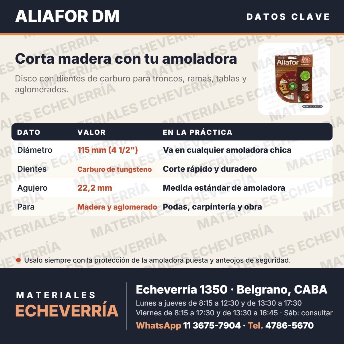 Datos clave del disco Aliafor DM para madera: 115 mm, dientes de carburo, agujero 22,2 mm