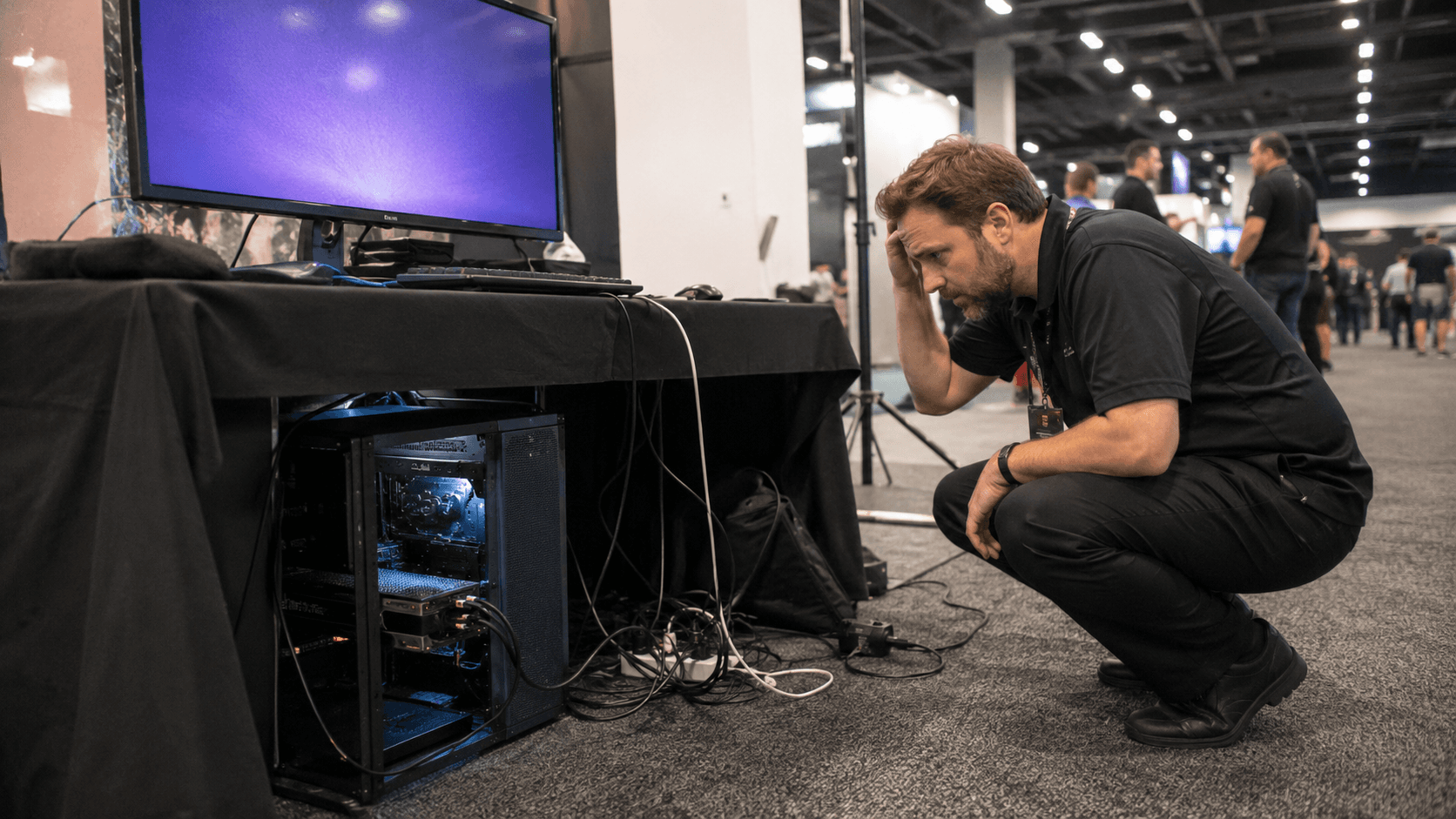 Stressed staff member crouched beside a workstation tower and cable tangle under a trade show table