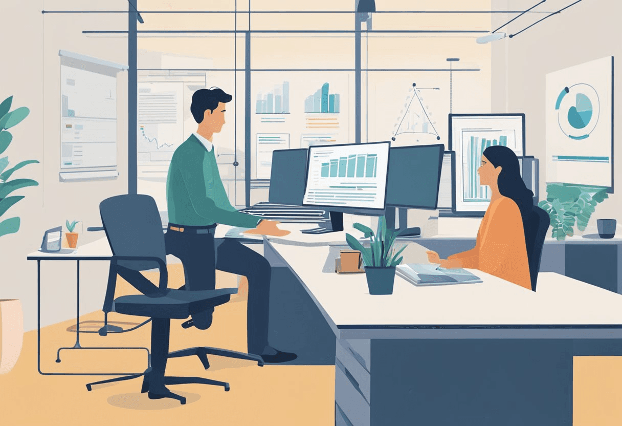 An office setting with a desk, computer, and HR documents. A graph showing FTE ratios. A person interviewing a candidate