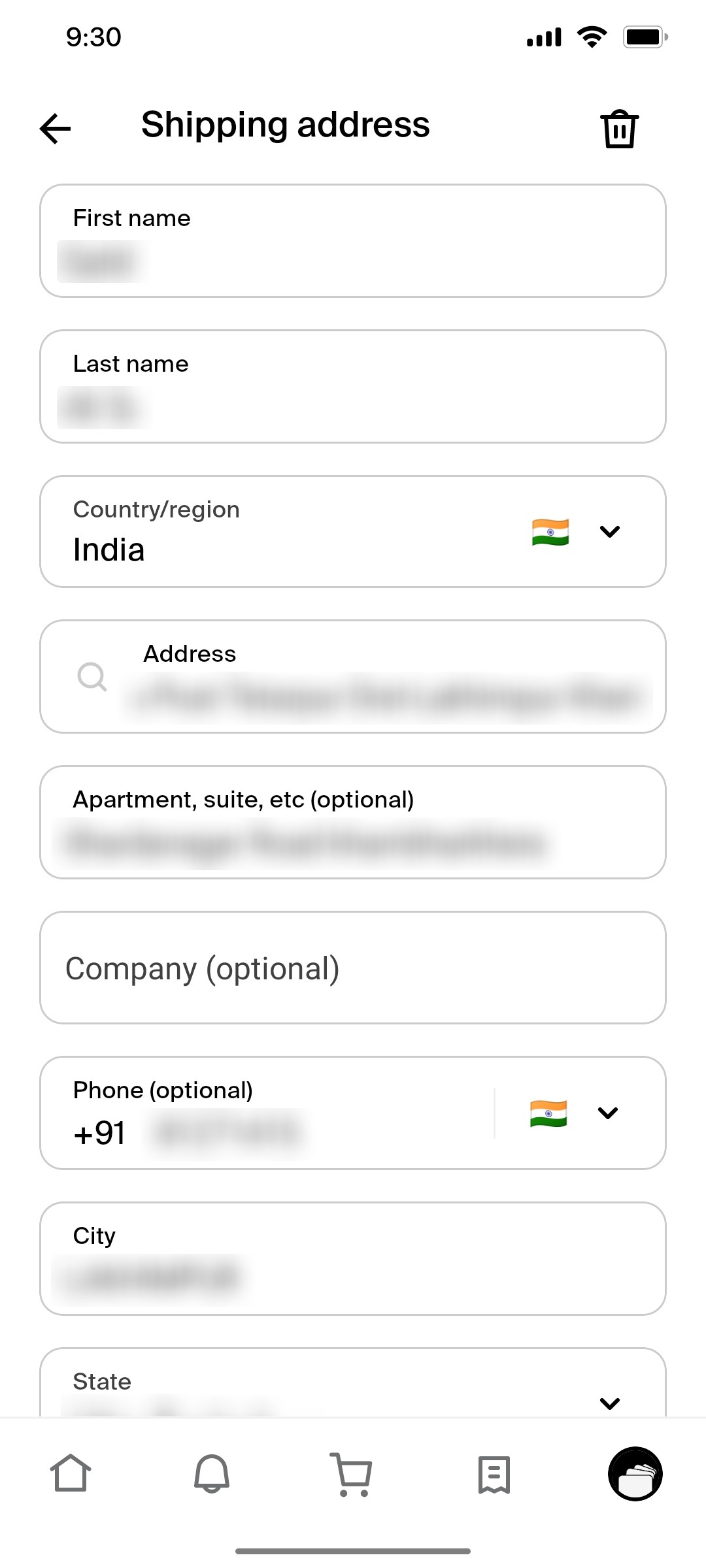Shop App Shipping address Screen