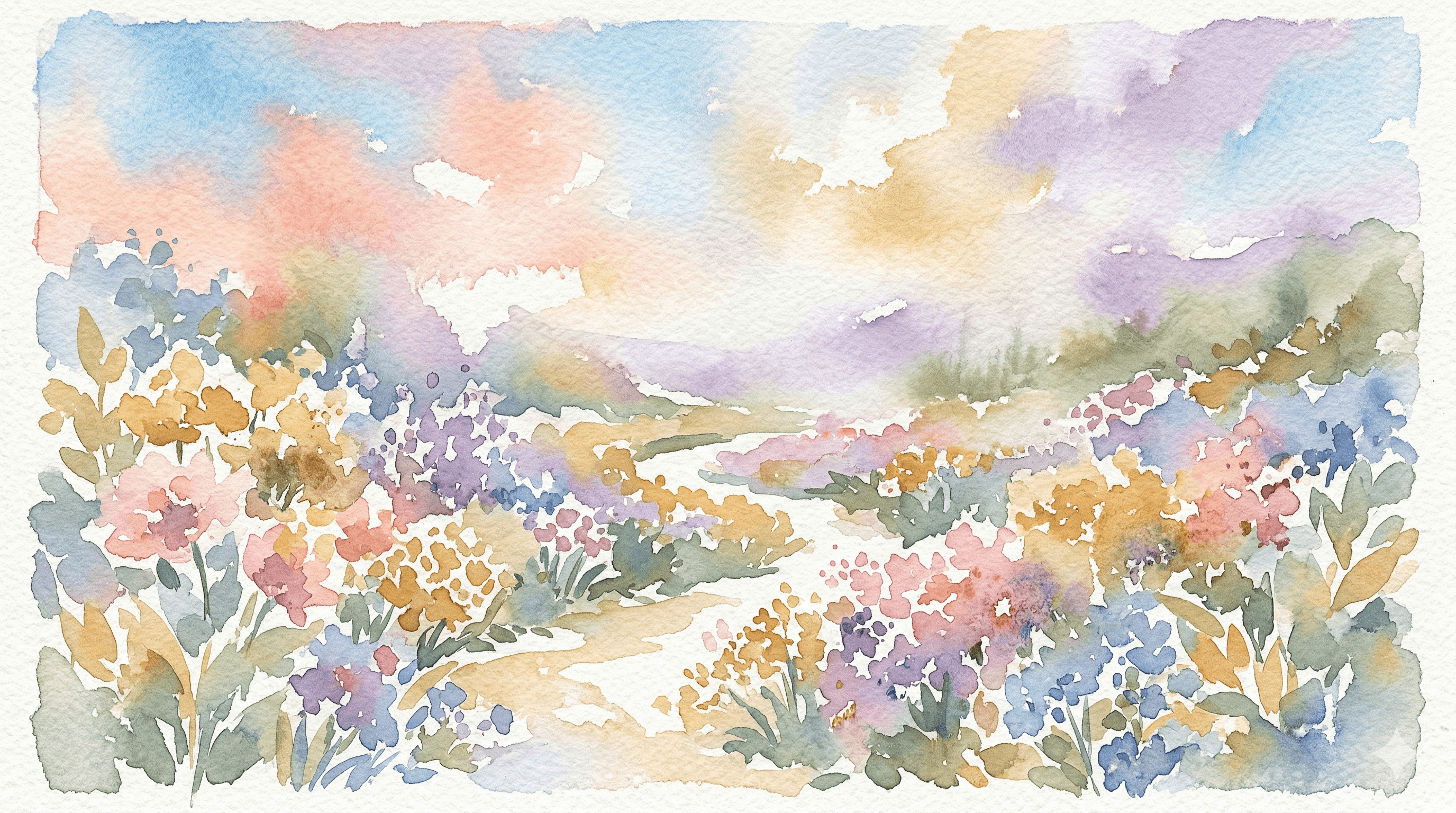 Watercolor garden with winding paths and flowering plants in morning mist
