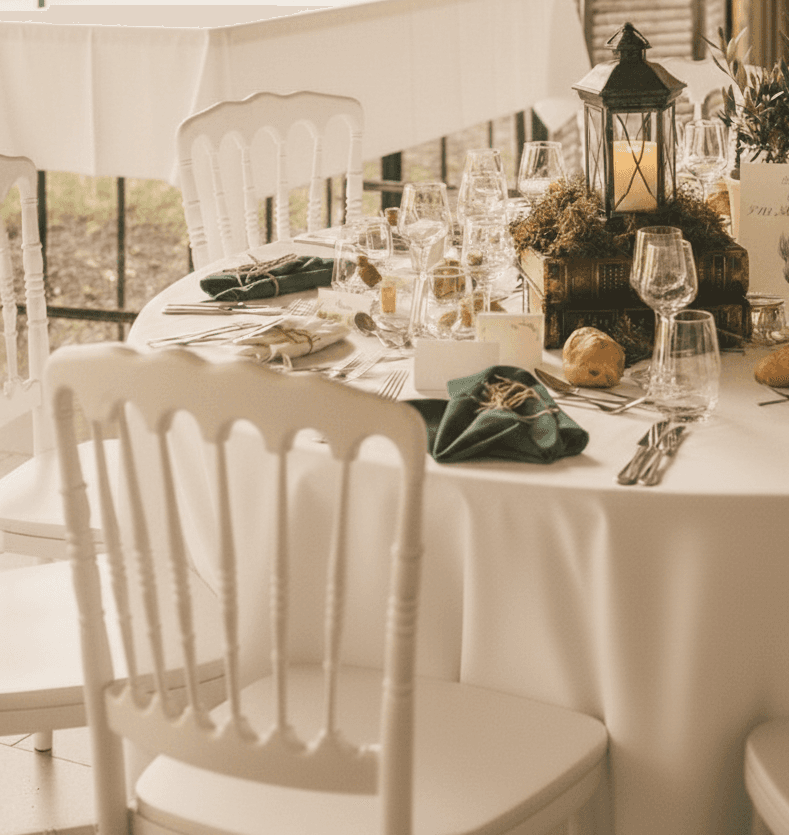 A couple dances closely, showcasing a flowing green dress, against a soft, blurred background of other guests.