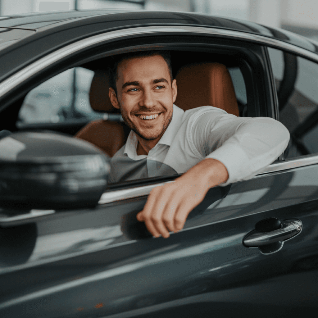A smiling new vehicle owner sat in his new car.