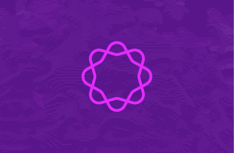 Geometric looped circular symbol in pink, centered on a purple circuit-like textured background.