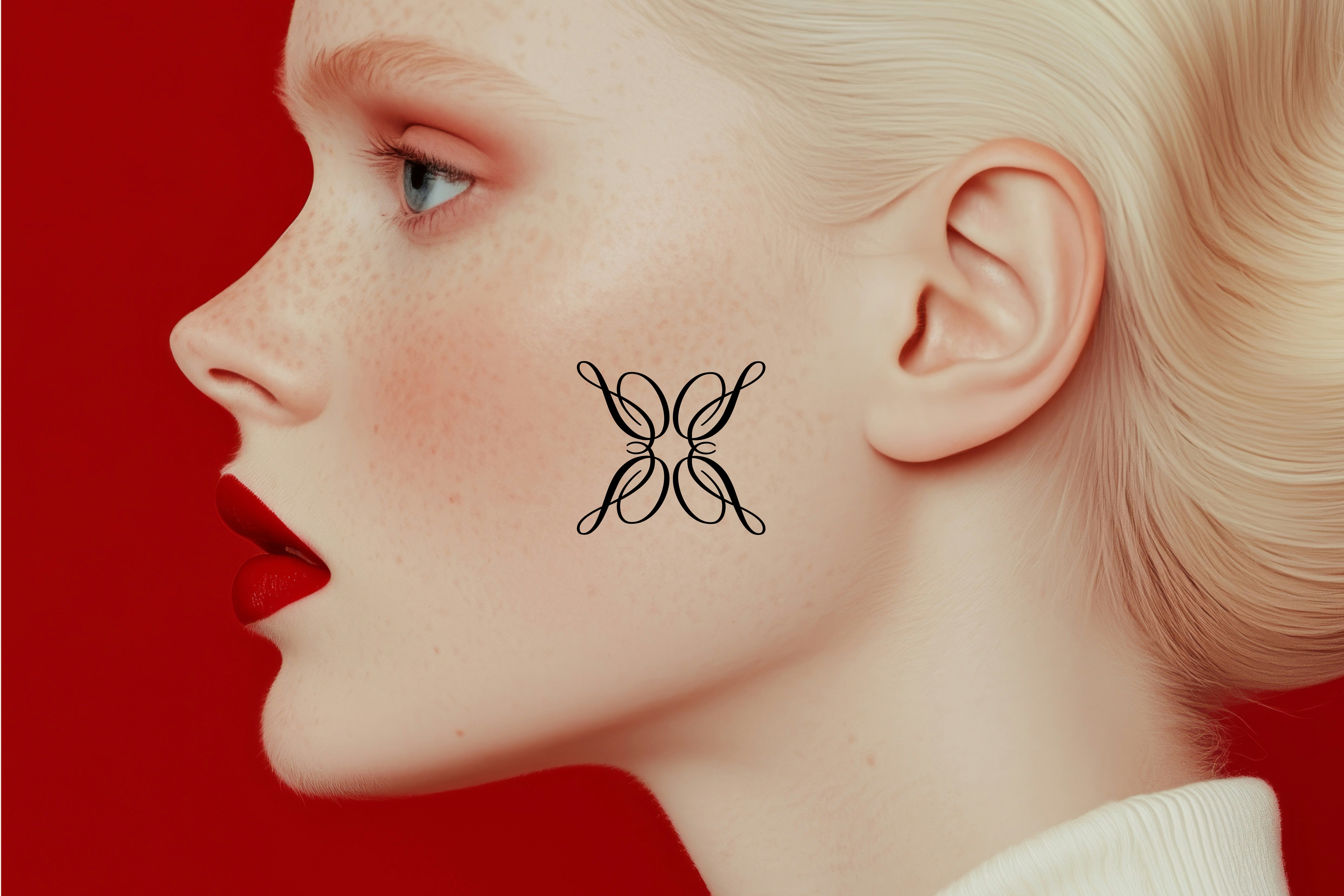 A high-fashion beauty shot of a model with porcelain skin, bold red lips, and a black ornamental logo symbol placed delicately on her cheek.
