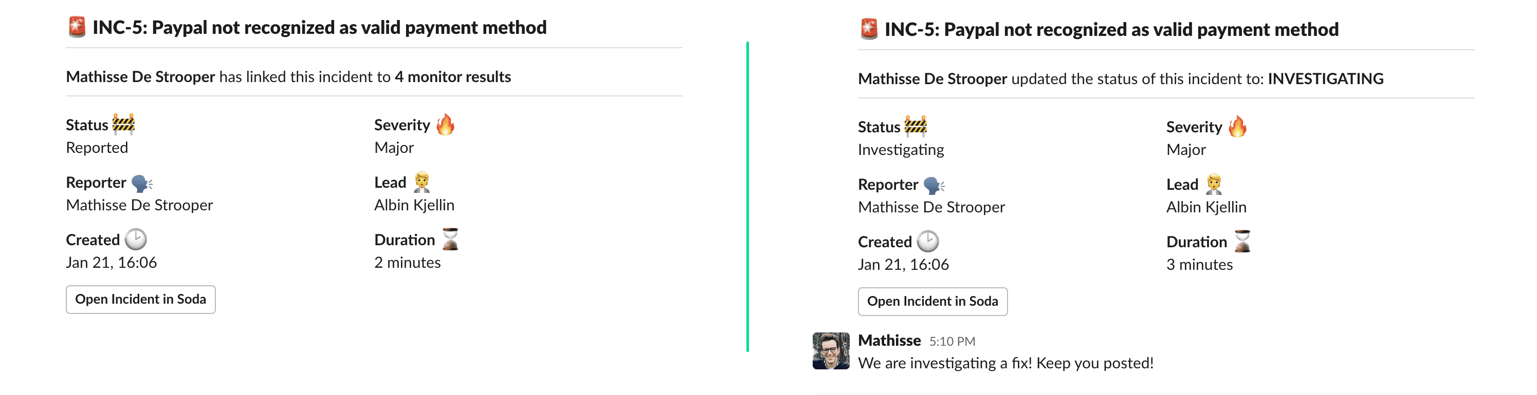 Add more monitors to the Incident | Status update posted to Slack within the ongoing conversation