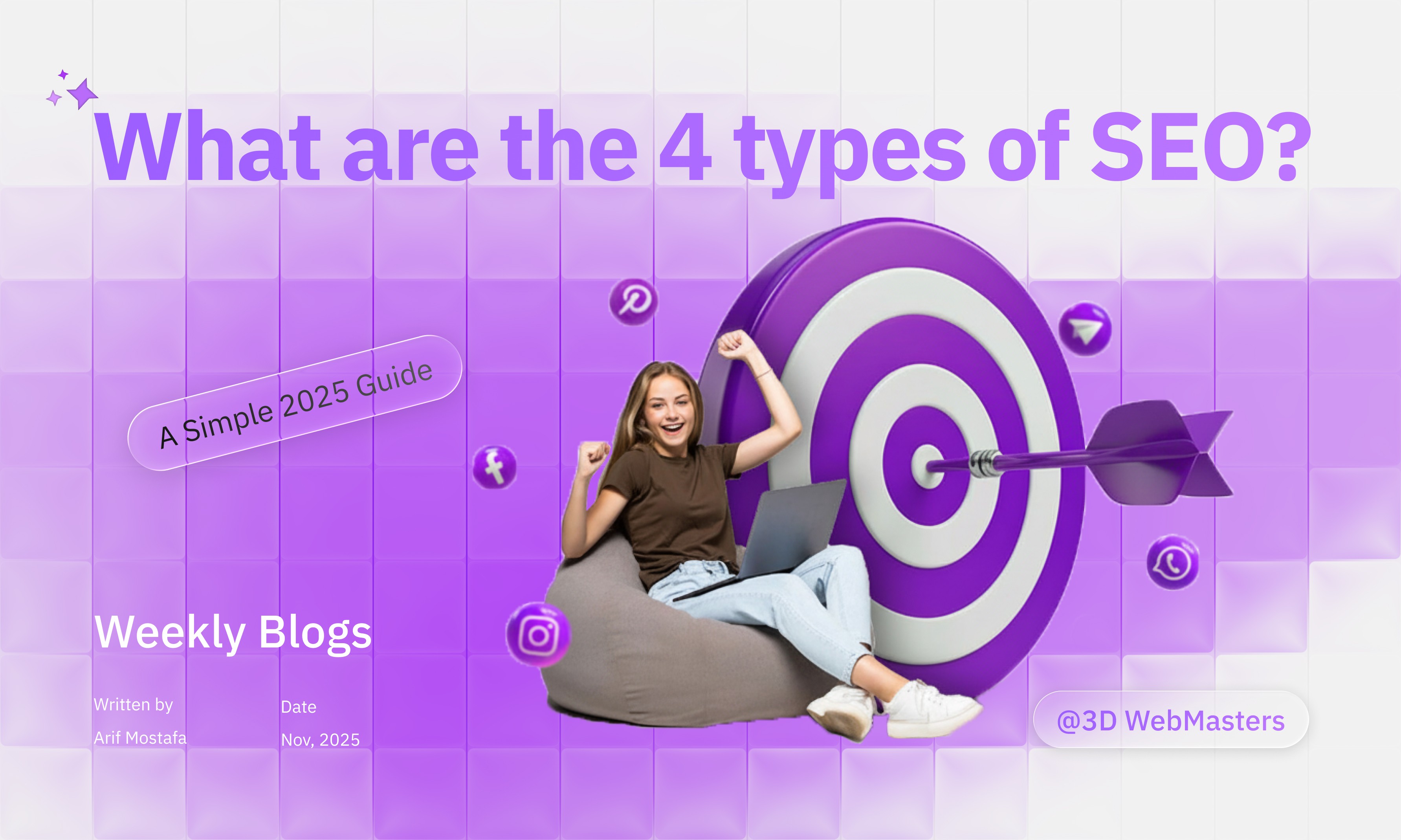 Purple banner “What are the 4 types of SEO?” with happy laptop user beside a target, social icons floating around.