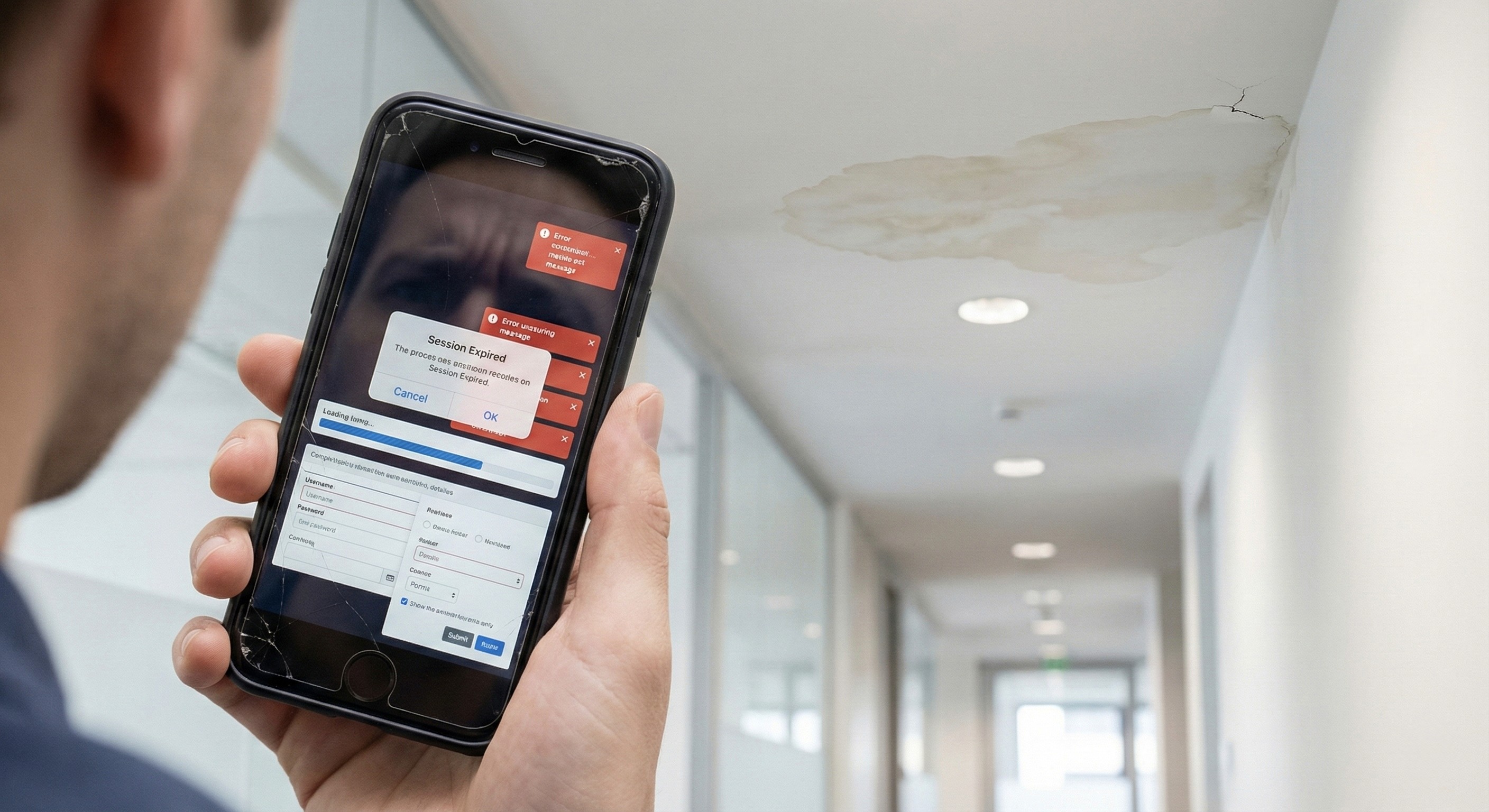 A user holding a smartphone with an error message on an outdated facility management app, struggling to report a visible ceiling water leak in an office hallway, highlighting common frustrations in the Australian facility management software landscape.