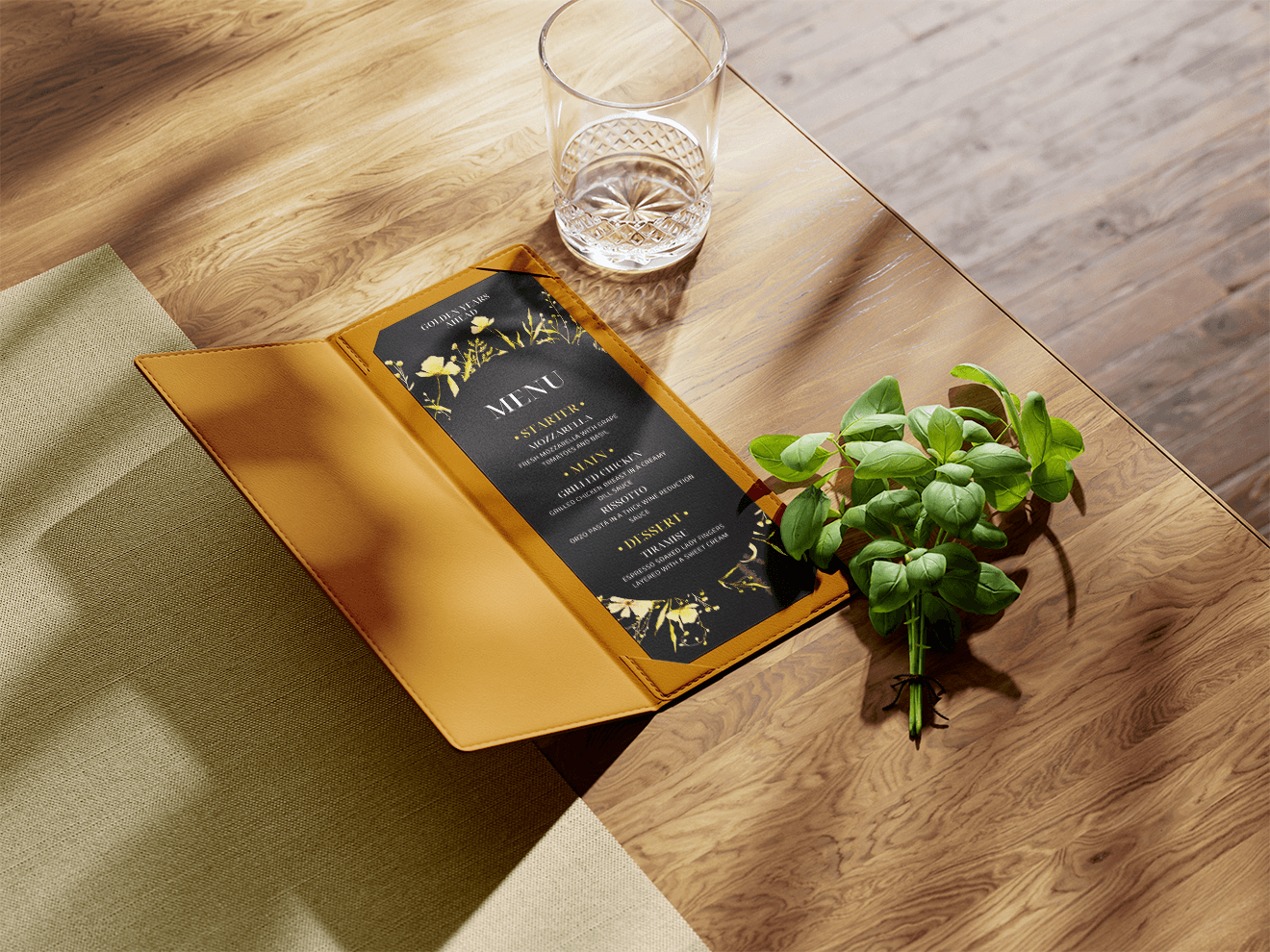 Elegant event menu design with gold accents and structured layout.