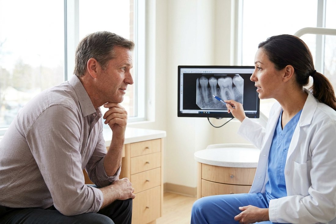 Dentist reviewing an X-ray with a patient to diagnose the cause of tooth pain when biting