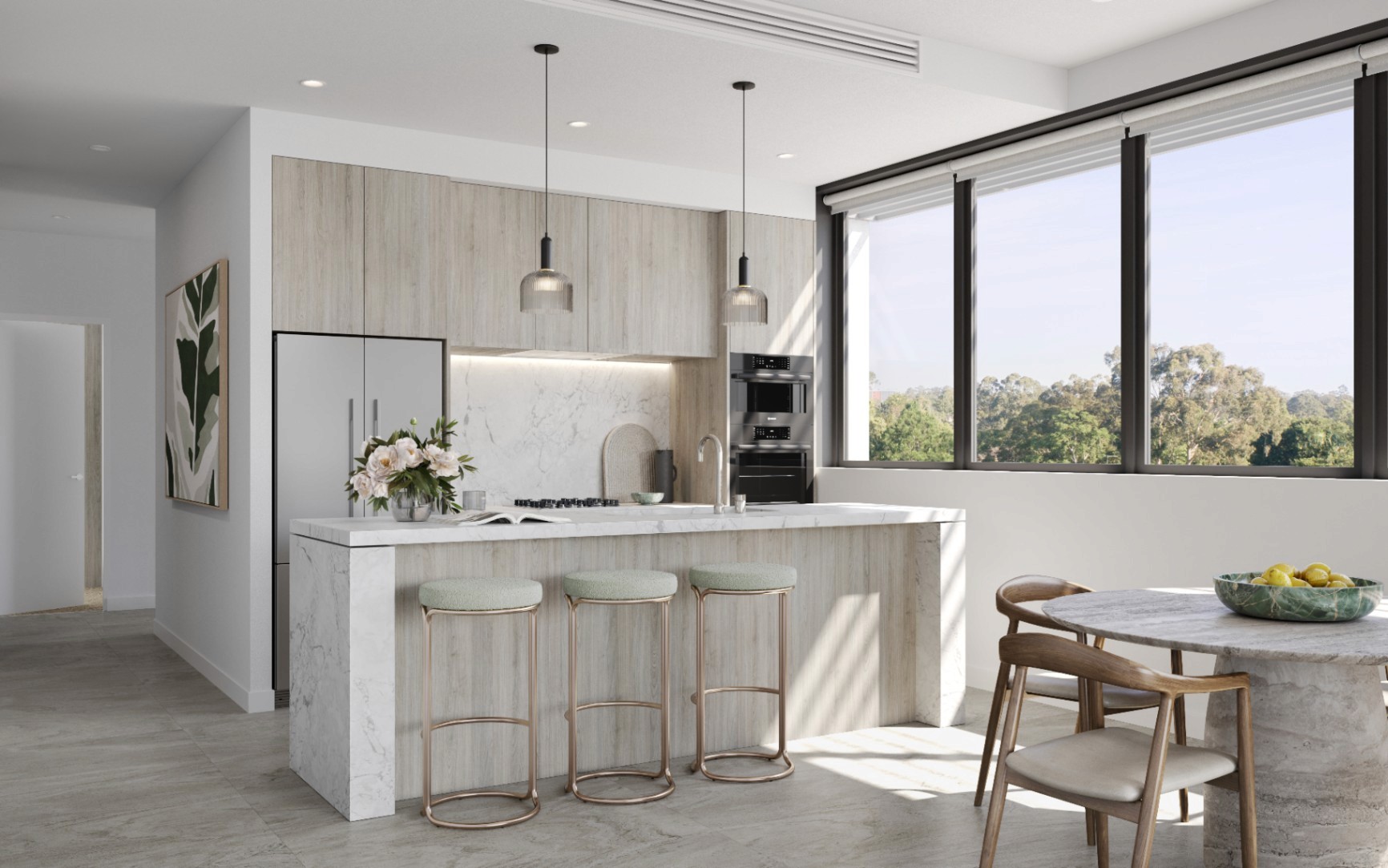 Luxury open plan kitchen and living area inside ARGO Castle Hill apartments with stone benchtop and modern finishes