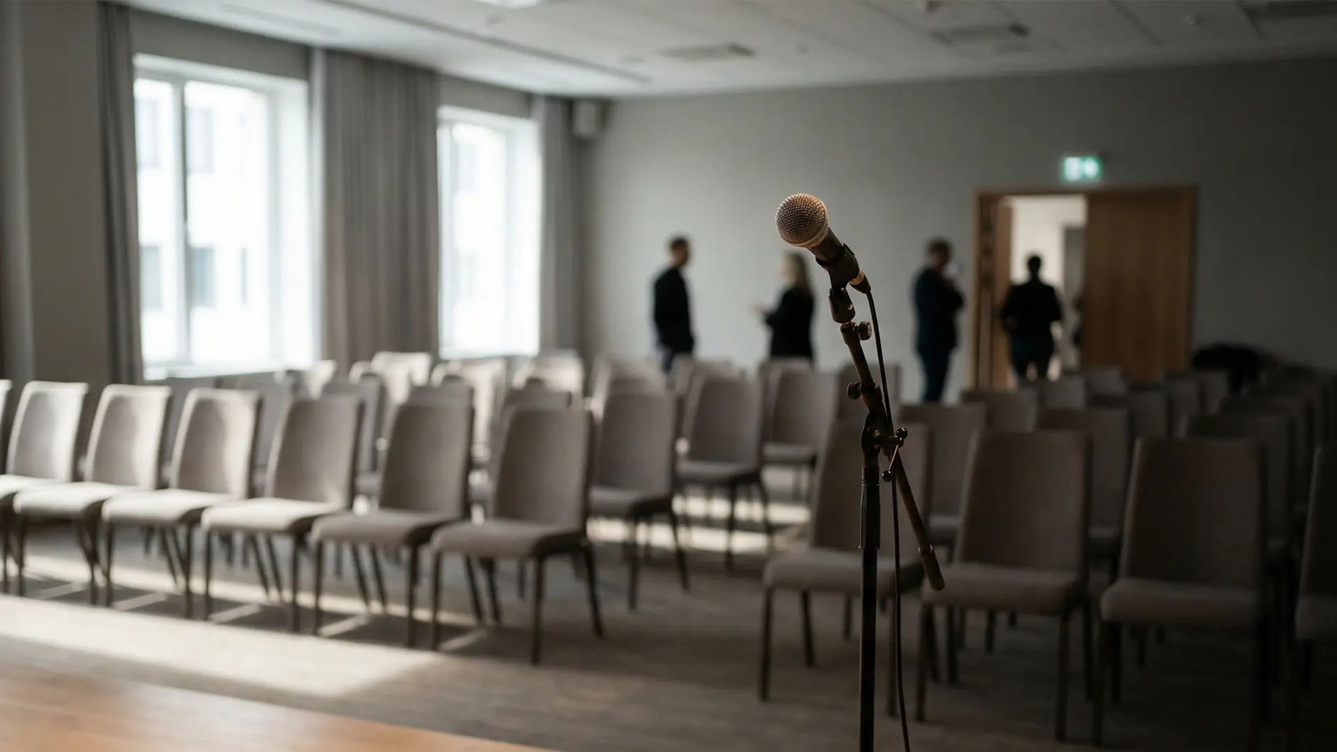 A microphone on a stand in front of rows of empty chairs in a modern conference room, capturing the quiet, awkward moment after a corporate event session ends.