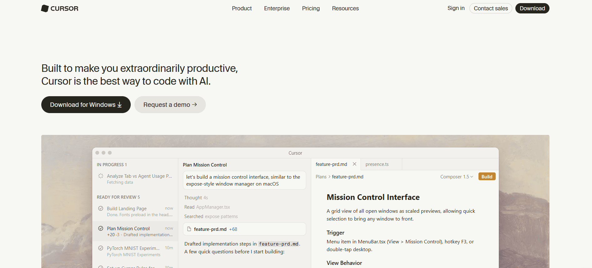 Cursor website homepage featuring an AI code editor interface and coding demo.