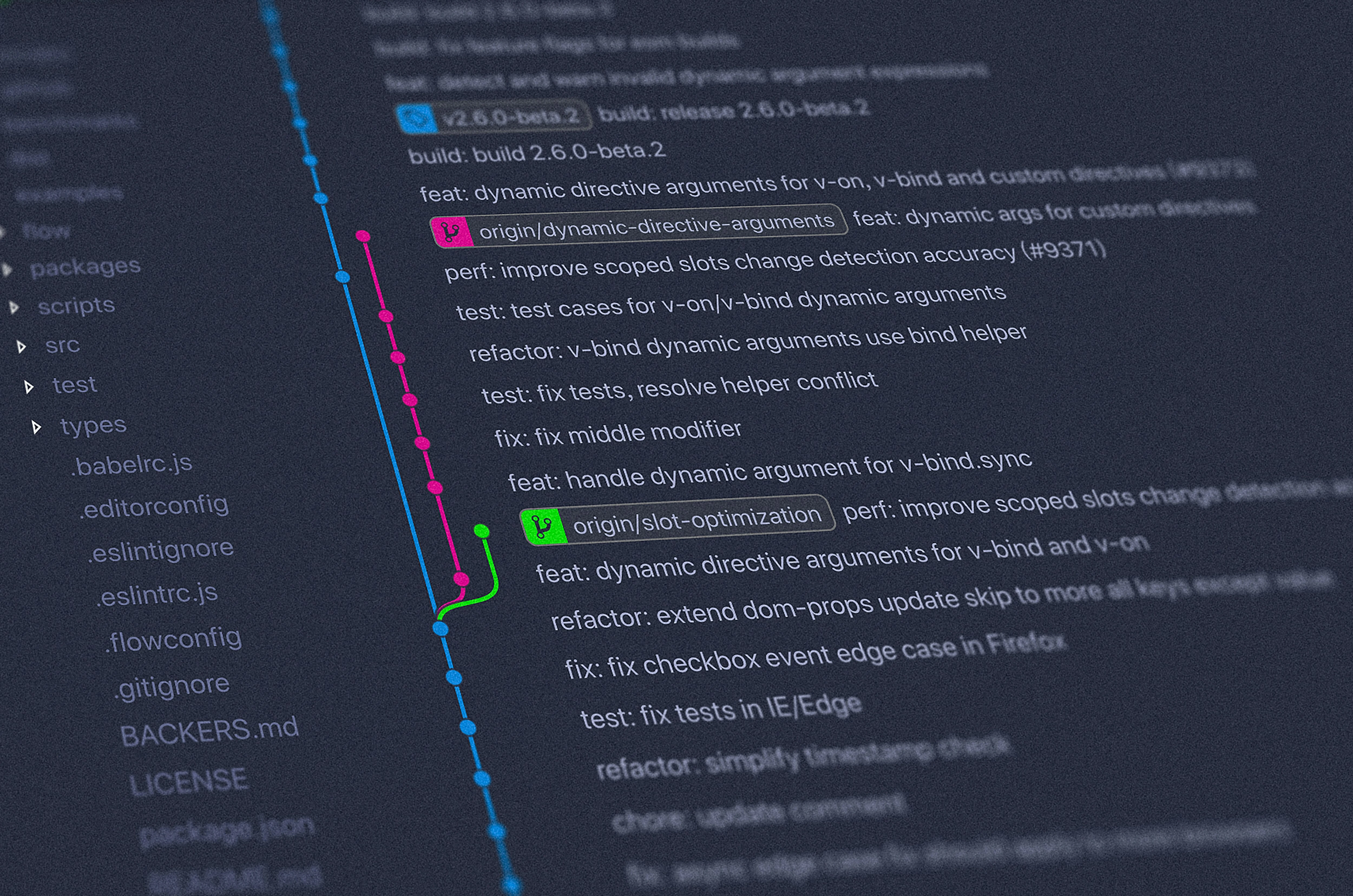 Version control history on a dark screen, showing branch lines merging alongside a list of commit messages and project files.