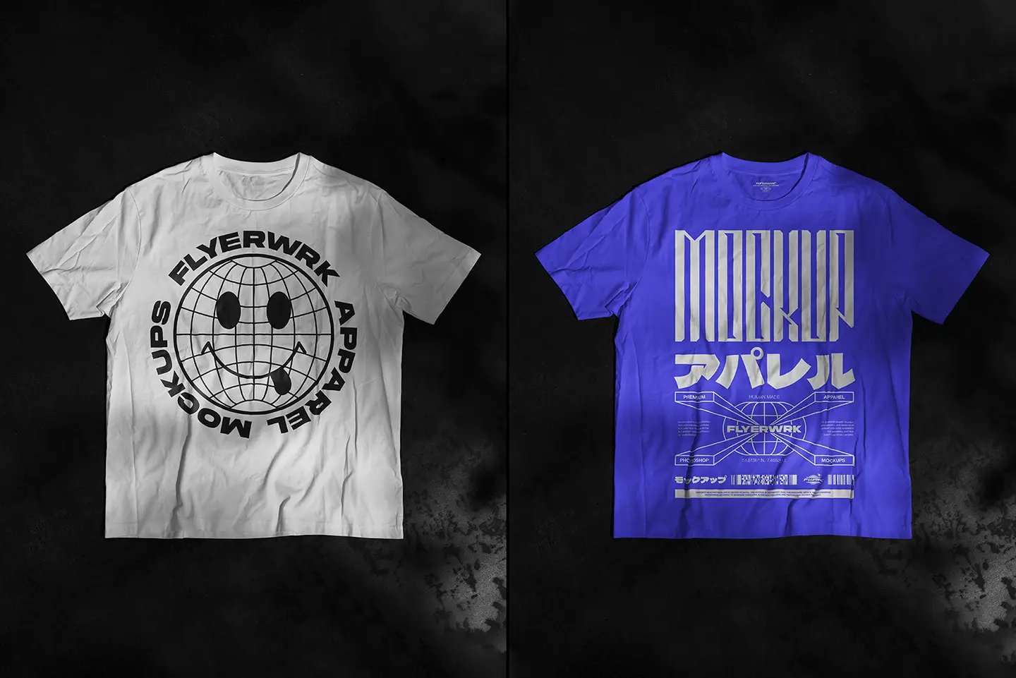 Wrinkled T-Shirt Mockup showing a custom blue color variant alongside a classic white cotton shirt