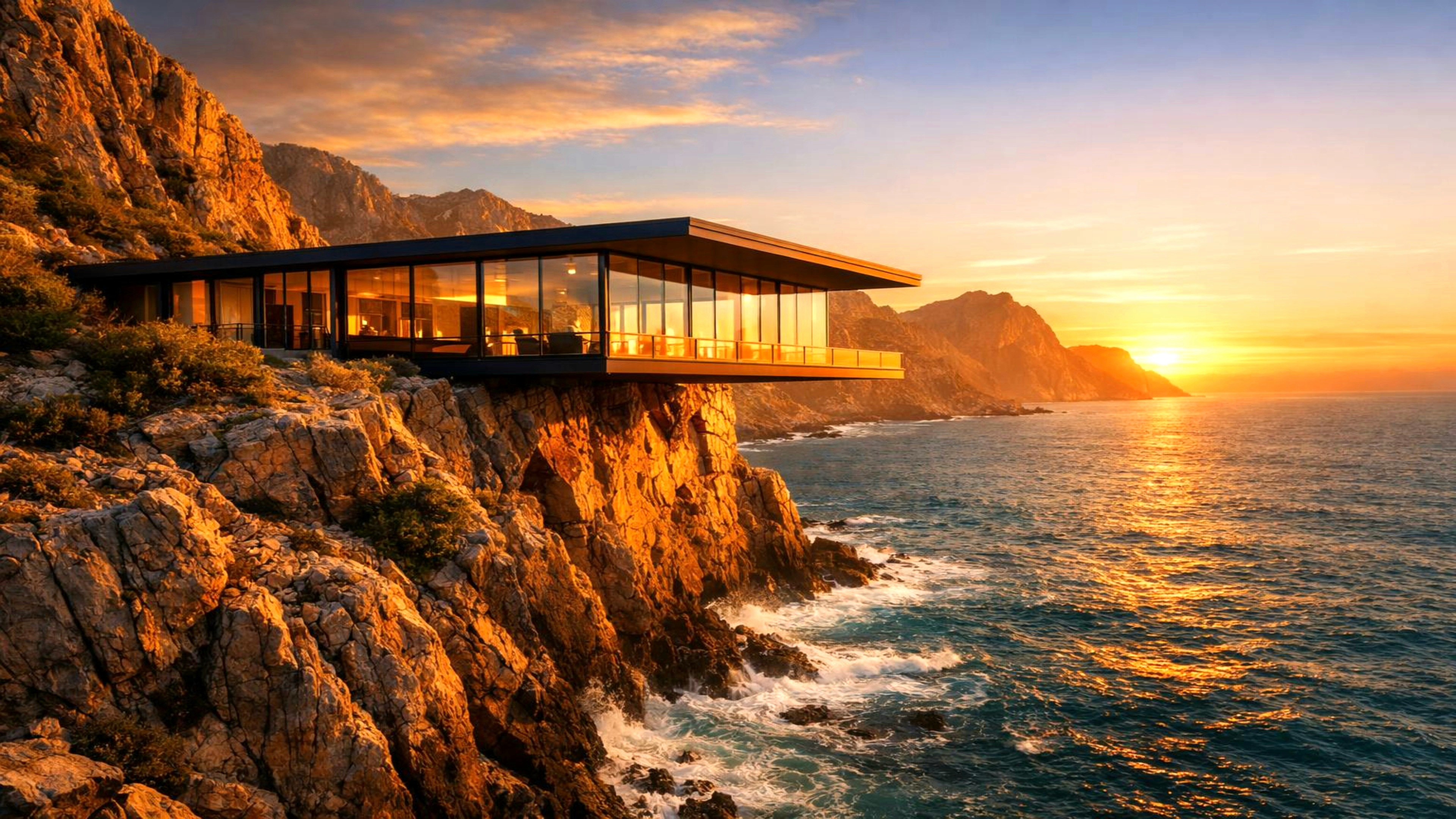 A breathtaking modern minimalist glass house perched on the edge of a rugged cliffside at sunset. The home features expansive floor-to-ceiling windows that reflect the warm golden light of the sun dipping below the horizon over the ocean.