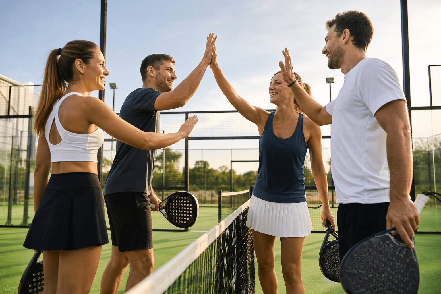 Vier Padel-Spieler klatschen am Netz ab