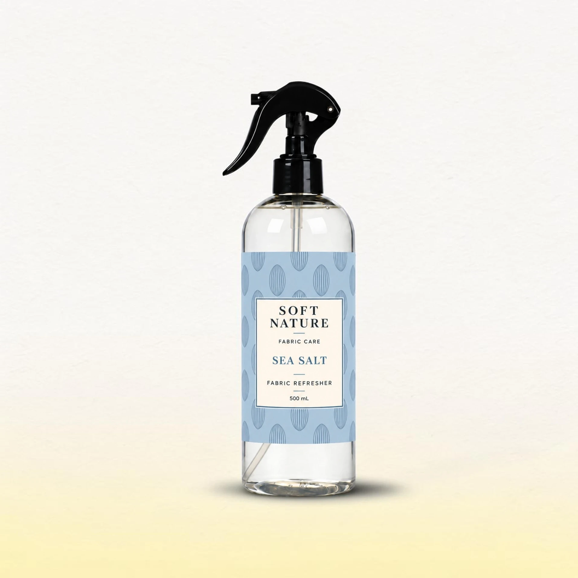 Soft Nature 500 mL fabric wrinkle releaser spray in a white trigger bottle with a blue floral label.