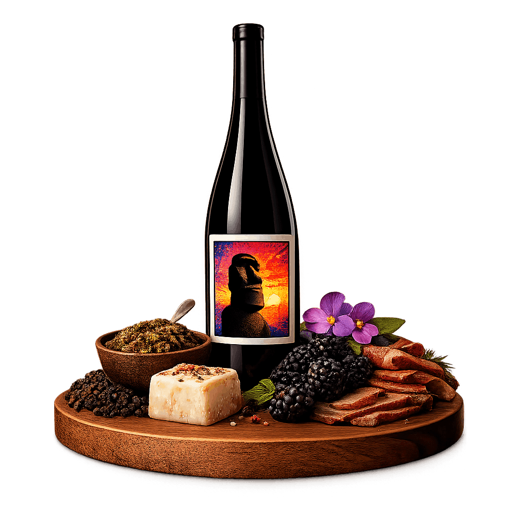 Artistic label and flavor profile for Chilean Syrah on a rustic wooden table.