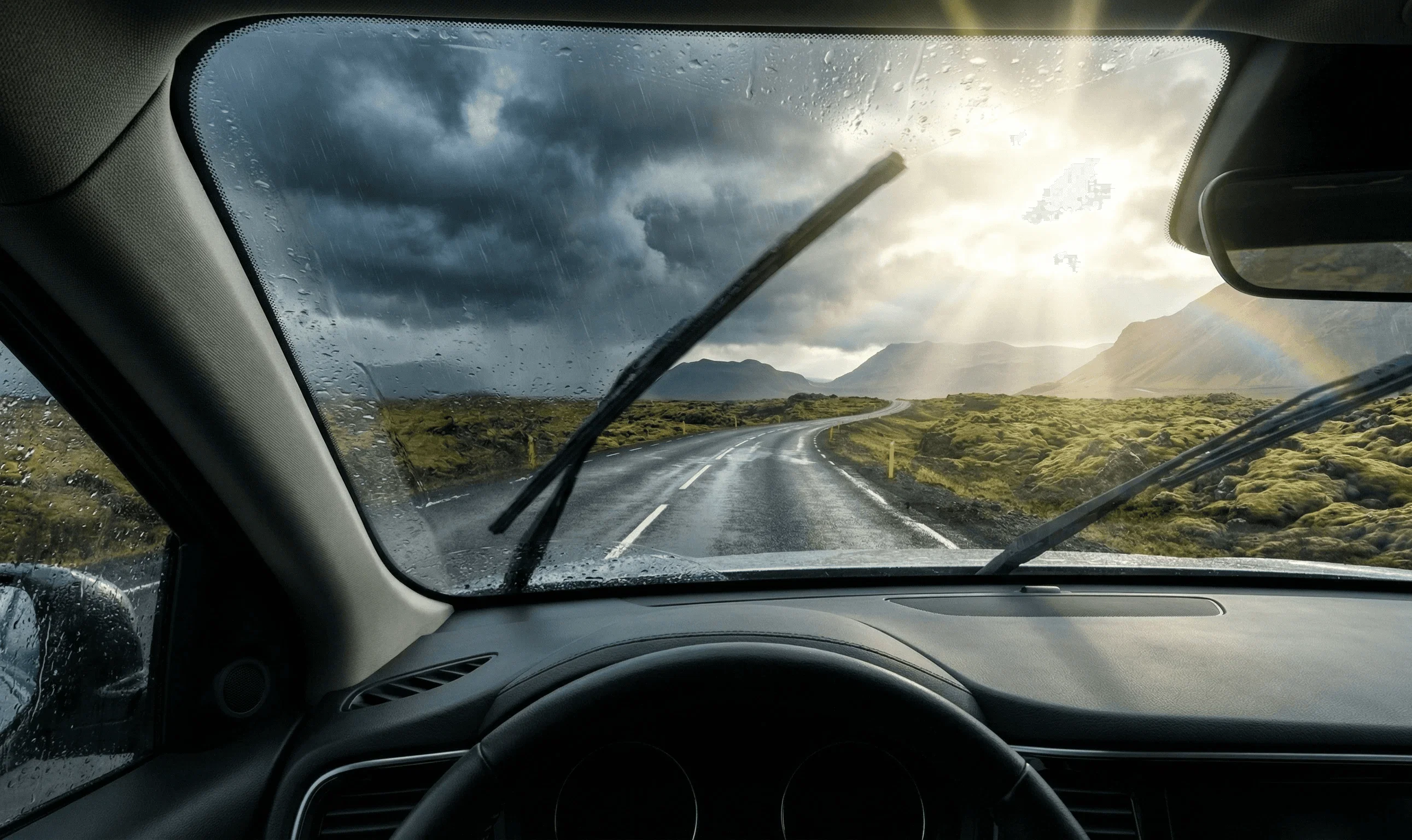 View from the driver's seat looking out the windshield at a wet road while driving in the rain with wipers active.