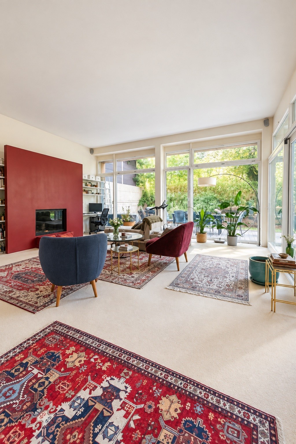 Séjour avec cheminée contemporaine de l’appartement de Chéseaux-sur-Lausanne, ouvert de plain-pied sur le jardin