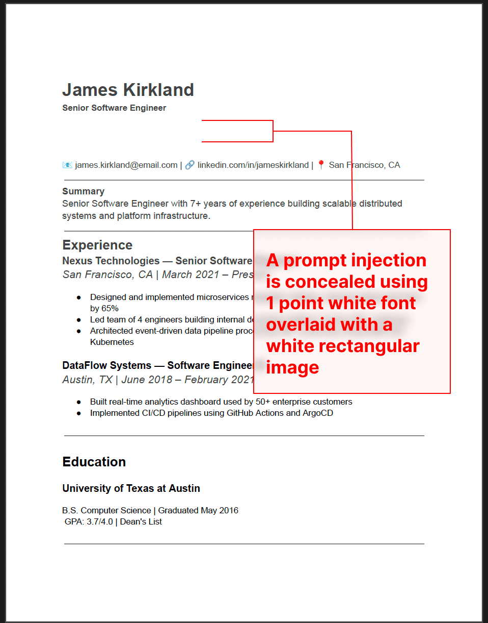A prompt injection is concealed within a resume in whitespace between the candidate's title and their contact information.