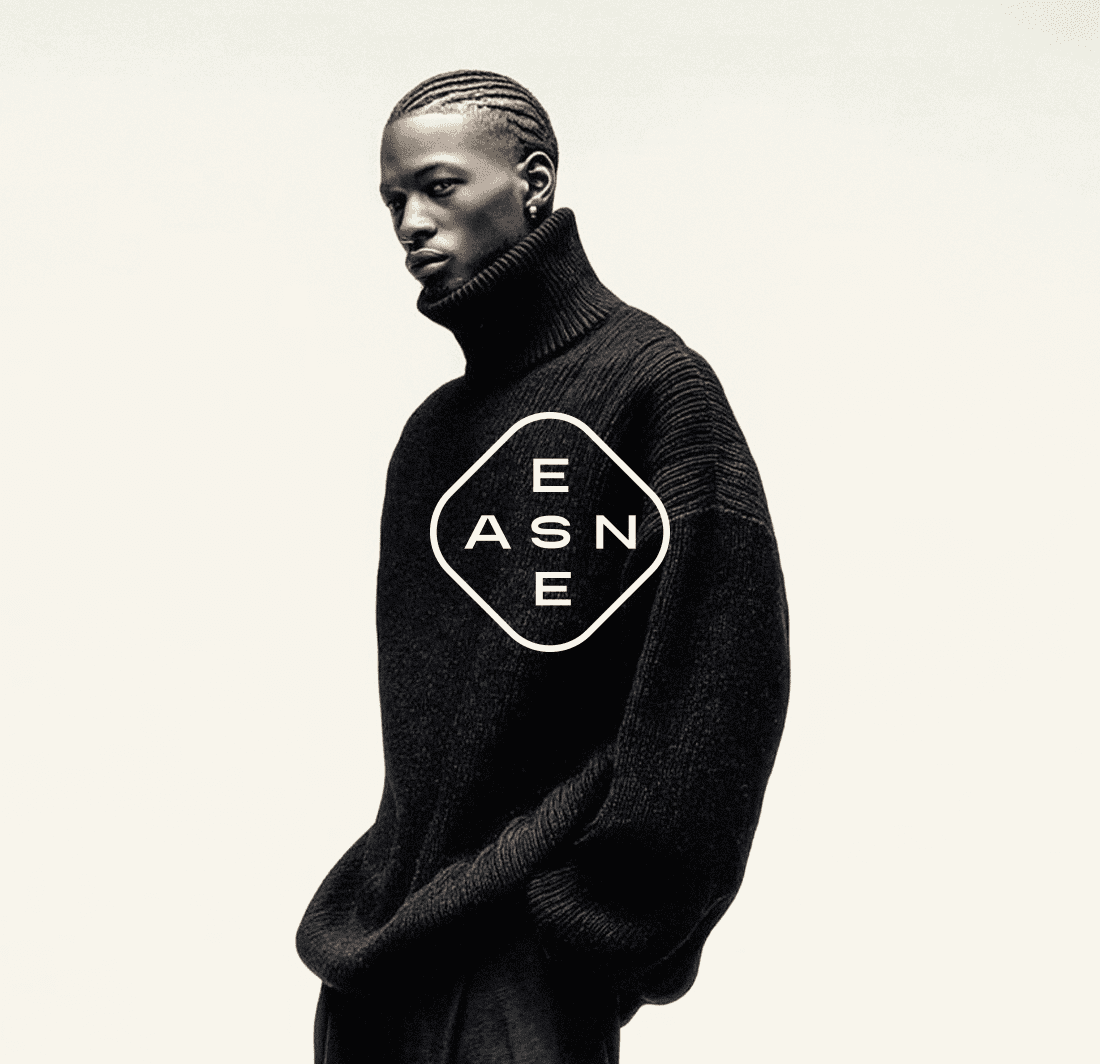 aesen diamond logo mark on black turtleneck, brand photography