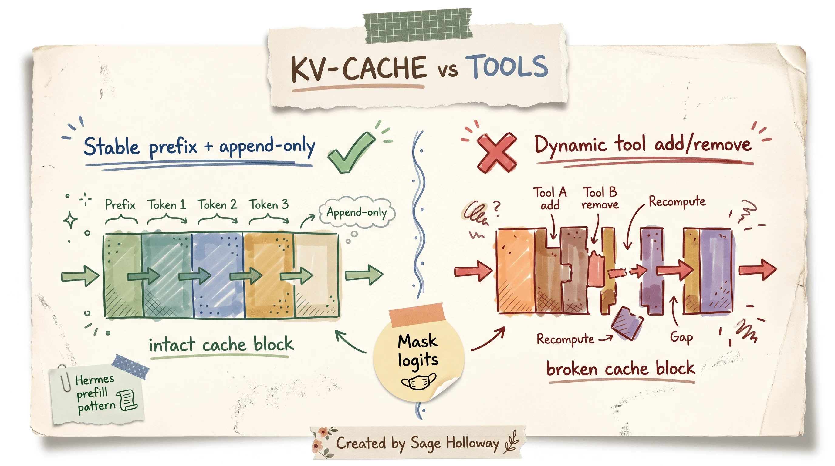 Scrapbook diagram contrasting stable KV-cache prefixes with dynamic tool changes and logits masking