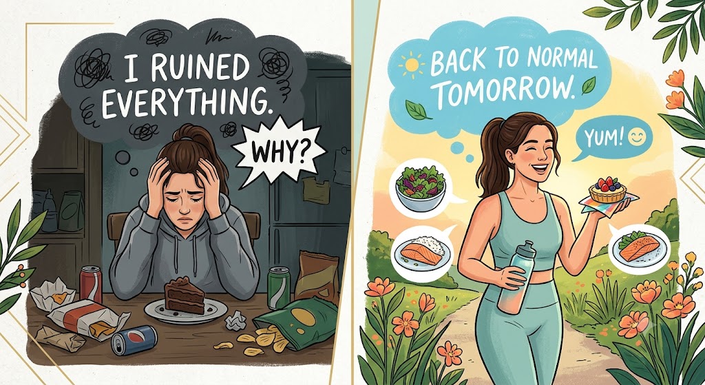A split illustration showing two women: on the left, a stressed woman surrounded by junk food thinks "I RUINED EVERYTHING," and on the right, a smiling woman in activewear holds a pastry and healthy food bubbles, thinking "BACK TO NORMAL TOMORROW." This contrasts a negative binge-eating mindset with a balanced, positive approach to nutrition.