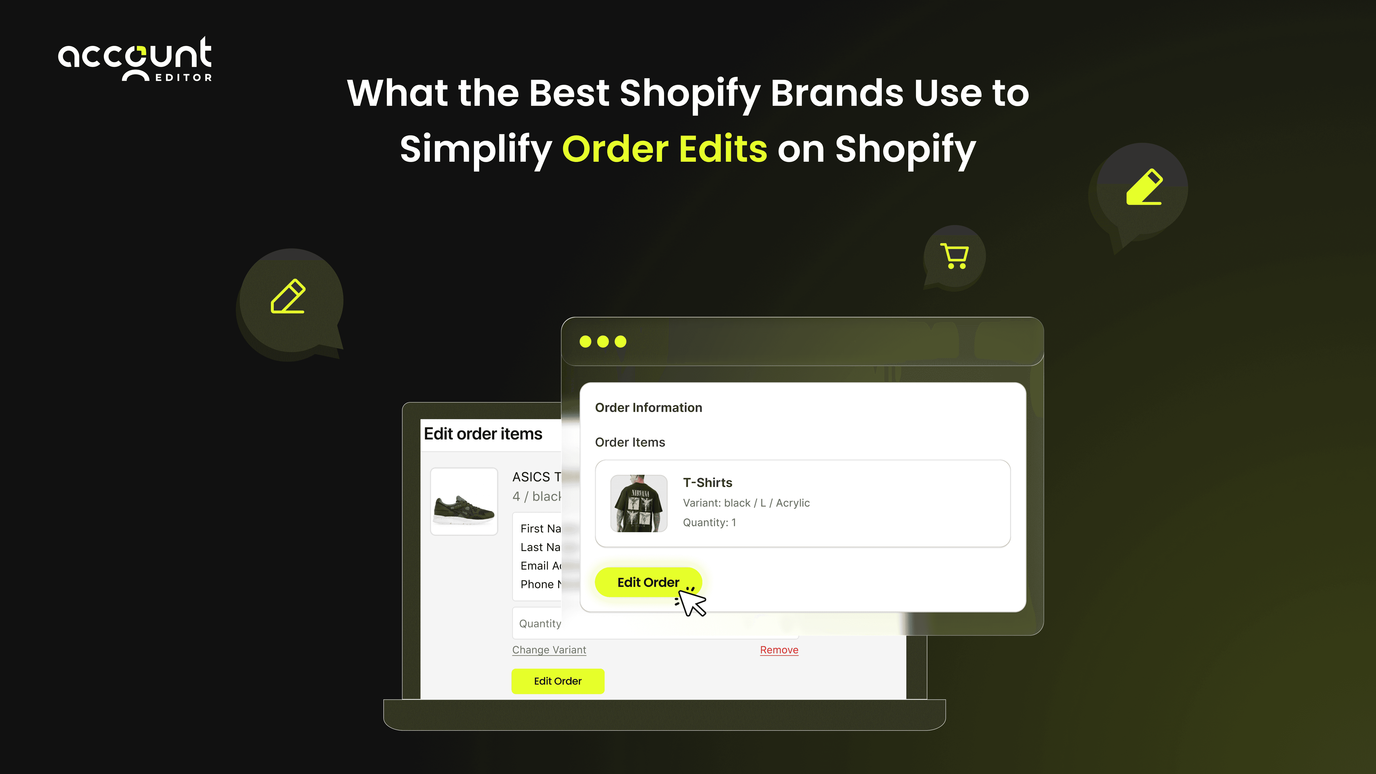 Interface showing how Shopify brands simplify order edits with a customer-friendly order editing screen, including options to change items and update order details.