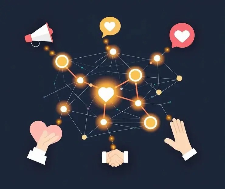 A map representing connectedness, with hands reaching out and supplying hearts and a megaphone, symbolising likes and shares, respectively.